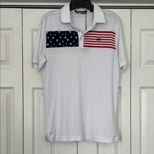 Travis Mathew golf Red and White Polo Shirt with Patriotic Flair.  Size S. NEW